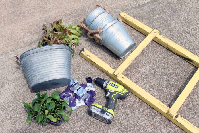 Gather all of the materials you need to build a DIY vertical vegetable garden. (Photo courtesy of Angie Holden/The Country Chic Cottage)
